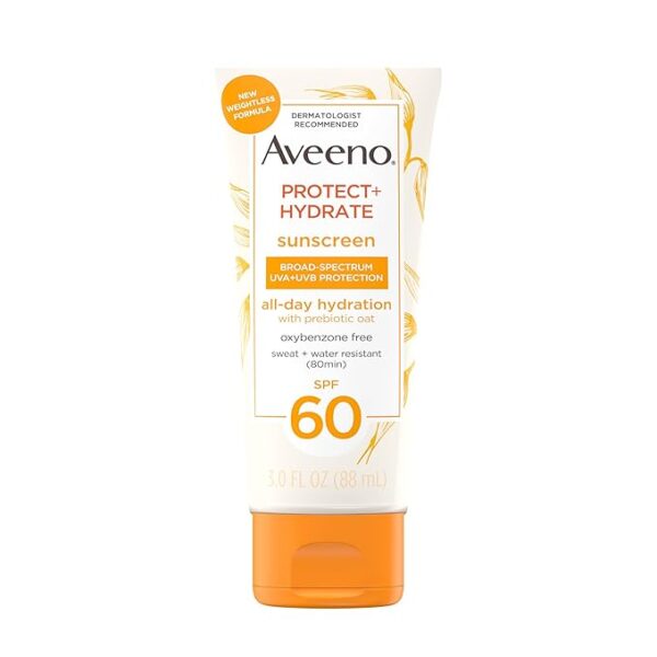 Aveeno Protect + Hydrate Loción hidratante de protección solar corporal con amplio espectro SPF 60 y avena prebiótica (3 onzas)